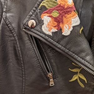 Faux Leather Motorcycle Jacket with Embroidery
